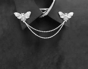 Skull moth collar pin bug collar clips womens  death head moth brooch insect lapel pin with chain Halloween jewelry spooky clips gift