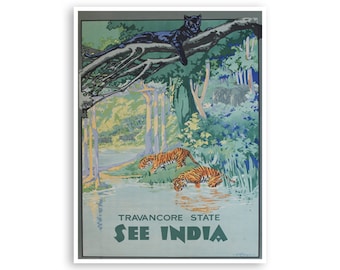 Vintage See India Travancore State Tigers Poster A3 Print