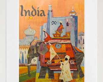 May include: A vintage travel poster for India depicting a colourful illustration of an elephant decorated with elaborate patterns and a procession of people in traditional attire. The poster has a warm orange background and the word "India" in bold, stylised lettering.