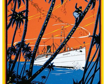 ハワイ絵画 蒸気船プリント ハワイアンクルーズ船アート旅行ポスター