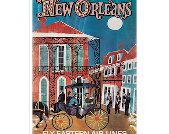 May include: A vintage travel poster advertising a trip to New Orleans. The poster features a colorful illustration of a horse-drawn carriage in front of a building with a balcony. The text "Fly Eastern Air Lines" is at the bottom of the poster.