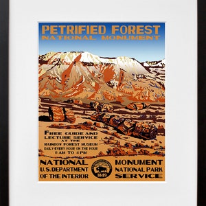 May include: A vintage travel poster for Petrified Forest National Monument in Arizona. The poster features a colorful illustration of the park's iconic rock formations, with snow-capped mountains in the background. The text "Petrified Forest National Monument" is displayed in a bold, orange font at the top of the poster. Below the illustration, the poster includes information about free guide and lecture services available at the Rainbow Forest Museum.
