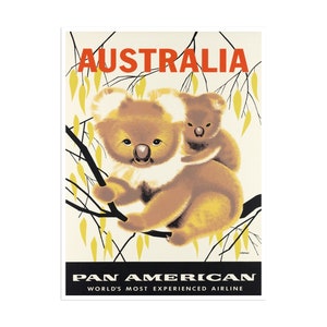 Australia Travel Poster Australian Art Koala Bears Print Pan American Airlines (XR1426)a