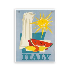 May include: A vintage travel poster featuring a smiling sun, a slice of watermelon, and the word "ITALY" in teal. A white structure and lemons are also depicted against a light blue background.