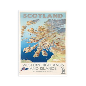 Carte de l'Ecosse, affiche de voyage vintage, impression d'art écossais, décoration d'intérieur (XR4497)a