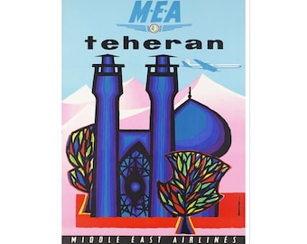 Könnte beinhalten: Ein Vintage-Reiseposter für Middle East Airlines mit einer stilisierten Illustration einer Moschee in Teheran, Iran. Das Poster ist in Blautönen, Rosa, Rot und Grün gehalten und trägt den Text "MEA teheran" und "MIDDLE EAST AIRLINES" in Weiß.