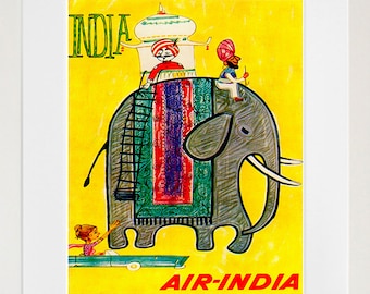 May include: A vintage travel poster advertising Air-India with a yellow background. The poster features a cartoon illustration of an elephant with a colorful patterned blanket, carrying a man in a turban and a small, white, domed structure. A second man in a turban sits on the elephant's back. A small girl in a red dress and a blue scarf is reaching out to the elephant from a green car. The text "INDIA" is in the upper left corner and "AIR-INDIA" is in the lower right corner.