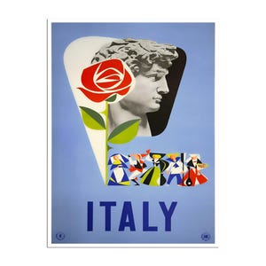 May include: A vintage travel poster for Italy featuring a blue background with a white and black abstract shape. The shape contains a sculpture of a man's head and a red rose. Below the shape are colorful figures of people in traditional clothing. The text "ITALY" is in blue letters at the bottom of the poster.
