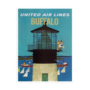 May include: A vintage travel poster for United Air Lines featuring a lighthouse with a couple standing on the balcony. The poster has the text "United Air Lines Buffalo" in gold lettering on a blue background.