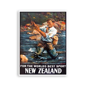 Art New Zealand Travel Poster Fly Fishing Vintage Print (ZT166)