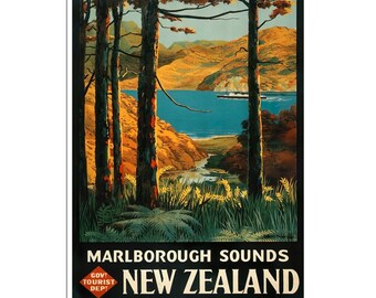 Póster de viaje vintage de Nueva Zelanda con impresión retro de Marlborough Sounds (XR4552)