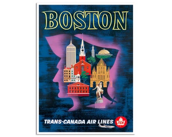 Op de afbeelding: Een vintage reisposter die vluchten naar Boston met Trans-Canada Air Lines adverteert. De poster toont een silhouet van een hoofd met iconische bezienswaardigheden van Boston zoals de Old North Church en het State House zichtbaar in het silhouet. De poster is blauw met roze en rode accenten en de tekst "BOSTON" in grote gele letters.