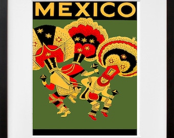 May include: A vintage travel poster for Mexico featuring a colorful illustration of three dancers wearing traditional costumes with large headdresses. The poster has a green background and the word "MEXICO" in yellow letters at the top.
