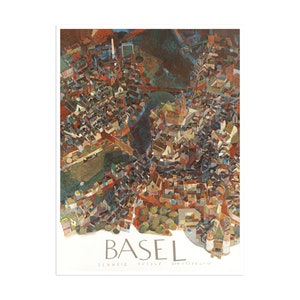 May include: A colorful, abstract painting of the city of Basel, Switzerland. The painting is done in a style reminiscent of cubism, with geometric shapes and bold colors. The city is depicted from a bird's-eye view, with buildings, streets, and a river visible. The text "BASEL" is written in large letters at the bottom of the painting, along with the words "SCHWEIZ, SUISSE, SWITZERLAND".