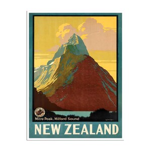May include: A vintage travel poster for New Zealand featuring a mountain range with a peak called Mitre Peak, Milford Sound. The poster has a yellow, orange, and brown colour scheme with a blue border.