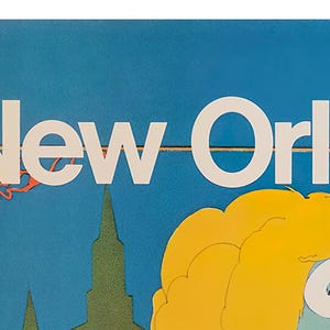 May include: A vintage travel poster for New Orleans, featuring a blue background with a white text overlay that reads "New Orleans". The poster also features a stylized illustration of a woman wearing a mask, a man in a red costume, and a building with a spire.
