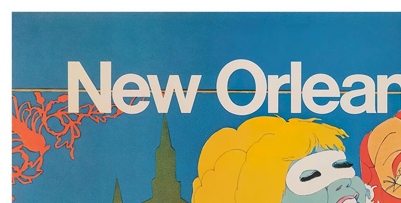 May include: A vintage travel poster for New Orleans, featuring a blue background with a white text overlay that reads "New Orleans". The poster also features a stylized illustration of a woman wearing a mask, a man in a red costume, and a building with a spire.