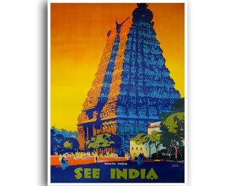May include: A vintage travel poster advertising South India with a colourful illustration of a large, ornate temple with a golden spire. The poster has the text "See India" in bold, green letters.