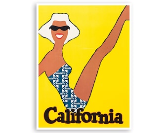 May include: A vintage travel poster advertising California. The poster features a woman in a blue and white swimsuit with the words "Santa Fe" repeated on the fabric. The woman is wearing sunglasses and has blonde hair. The background is yellow and the text "California" is in black.