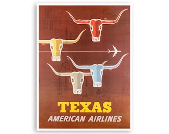 May include: Vintage travel poster advertising American Airlines flights to Texas. The poster features a red, yellow, blue, and brown stylised illustration of four longhorn steer heads against a red background. The text "TEXAS AMERICAN AIRLINES" is in yellow.