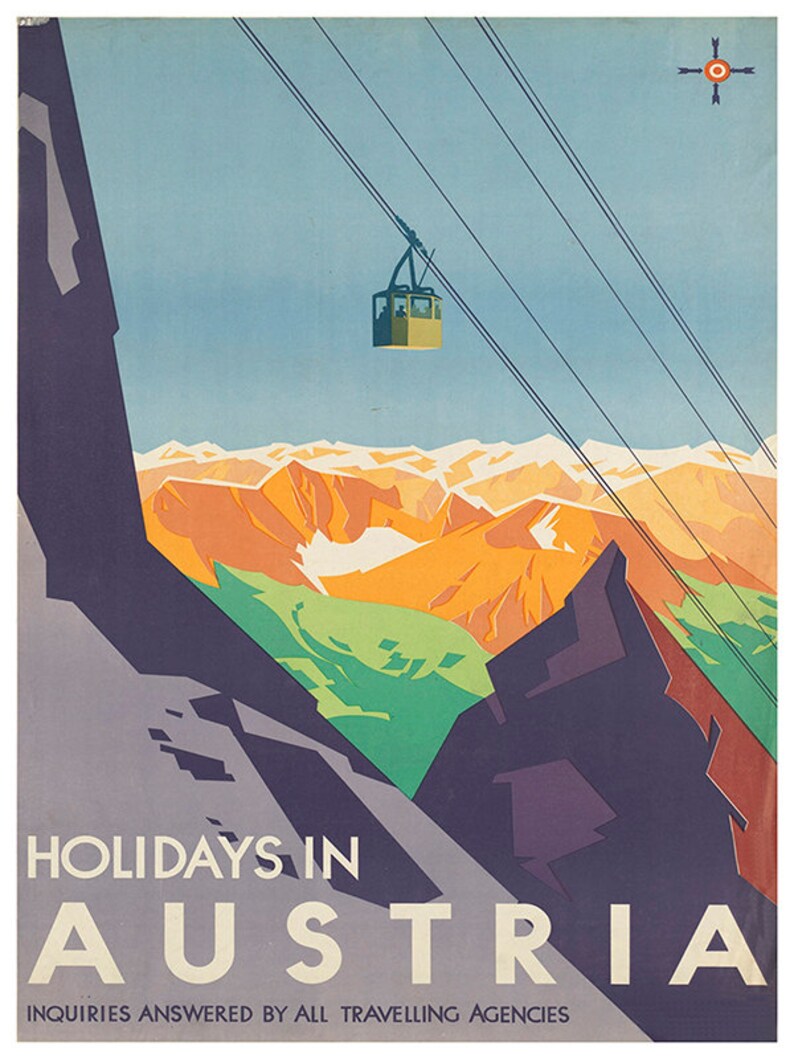 May include: A vintage travel poster advertising holidays in Austria. The poster features a colorful illustration of a mountain range with a cable car ascending to the top. The text "HOLIDAYS IN AUSTRIA" is displayed in bold white letters at the bottom of the poster. The poster also includes the text "INQUIRIES ANSWERED BY ALL TRAVELLING AGENCIES."