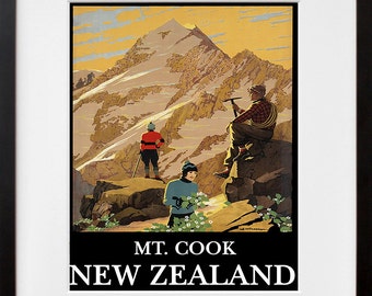 Affiche de voyage d'art néo-zélandais Mt Cook, impression de randonnée vintage (ZT345) a
