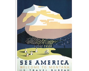 Könnte beinhalten: Vintage-Reiseposter, das eine Reise nach Montana bewirbt. Das Poster zeigt eine stilisierte Illustration einer Bergkette mit schneebedeckten Gipfeln, einem Wald und einem Indianer zu Pferd. Der Text lautet "See America, Welcome to Montana, U.S. Travel Bureau."