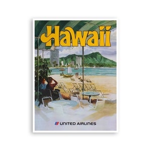 May include: A vintage travel poster advertising Hawaii with a couple sitting at a table under a striped awning on a beach. The poster features the text "Hawaii" in yellow letters and the United Airlines logo at the bottom.