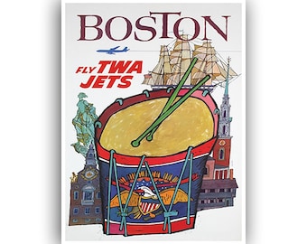 Op de afbeelding: Een vintage reisposter die vluchten naar Boston met TWA adverteert. De poster toont een rood, wit en blauwe trommel met een gestileerde Amerikaanse adelaar en de woorden "Fly TWA Jets" in rood en witte tekst.