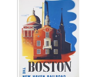 Op de afbeelding: Een vintage reisposter die reclame maakt voor reizen naar Boston met de New Haven Railroad. De poster toont een kleurrijke illustratie van de skyline van Boston, waaronder het Old State House, de Old North Church en het State House.