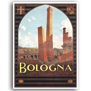 May include: Vintage travel poster featuring a colorful illustration of the two leaning towers of Bologna, Italy. The poster has a yellow banner with the text "BOLOGNA" in a bold, black font.