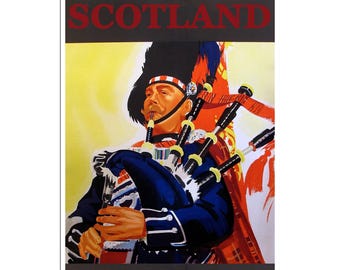 May include: A vintage travel poster featuring a man in a traditional Scottish kilt playing bagpipes. The poster has a red and white background with the word "SCOTLAND" in large red letters at the top.