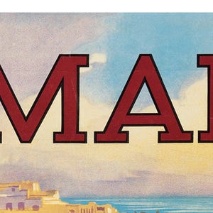 May include: A vintage travel poster with a watercolor illustration of a cityscape and a blue sky with clouds. The word "MALTA" is written in large, bold, red letters.