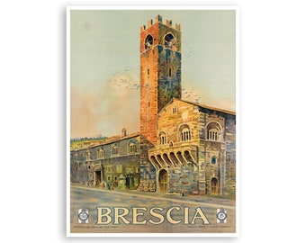 May include: Vintage travel poster featuring a watercolor illustration of a tall, brick tower with a clock face and a building with arched windows. The poster is titled "Brescia" in a bold, decorative font.