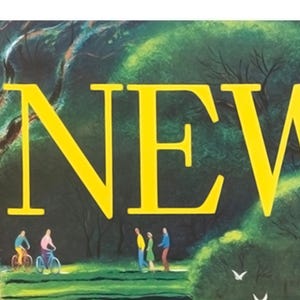 May include: A vintage poster with the word "NEW" in large yellow letters. The background features a park scene with people, trees, and cyclists. The overall color palette is green, blue, and yellow.