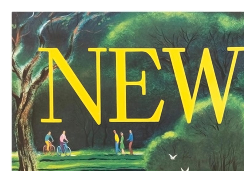 May include: A vintage poster with the word "NEW" in large yellow letters. The background features a park scene with people, trees, and cyclists. The overall color palette is green, blue, and yellow.