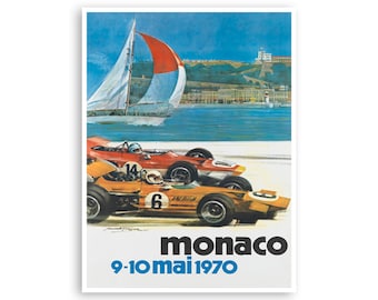 May include: A vintage poster advertising the Monaco Grand Prix, featuring two racing cars speeding along a track with a sailboat in the background. The poster is blue, red, orange, and white with the text "monaco 9-10 mai 1970".