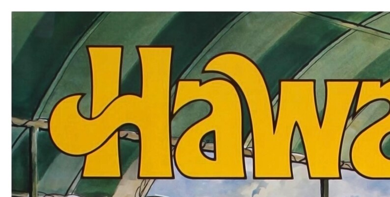 May include: Yellow stylized text that reads "Hawaii" against a green background.
