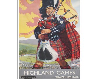 May include: A vintage travel poster advertising the Highland Games in Scotland. The poster features a man in a kilt playing bagpipes in front of a crowd and a Scottish flag. The text on the poster reads "Highland Games, Travel by Rail, British Railways".