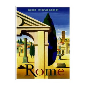 May include: A vintage travel poster for Air France featuring a stylized image of Rome, Italy. The poster features a yellow and brown building with a blue sky and a green cypress tree in the foreground. The text "Air France" and "Rome" are in the poster.