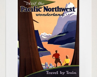 Puede incluir: Un cartel de viaje vintage que anuncia un viaje al Noroeste del Pacífico. El cartel muestra a una pareja de pie en una colina con vistas a un valle con montañas en el fondo. El texto del cartel dice "Visita el Noroeste del Pacífico, un país de las maravillas... Viaja en tren."