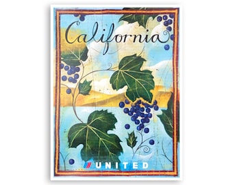 Op de afbeelding: Een poster in vintage stijl met een blauwe, gele en groene achtergrond met een wijnstok met druiven en de tekst "California" en "UNITED".