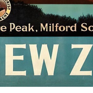 May include: A vintage travel poster advertising New Zealand. The poster features a scenic view of Mitre Peak, Milford Sound, with a blue and white colour scheme. The text "Mitre Peak, Milford Sound" is displayed in white against a black background. The text "NEW ZEALAND" is displayed in white against a blue background.
