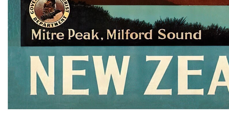 May include: A vintage travel poster advertising New Zealand. The poster features a scenic view of Mitre Peak, Milford Sound, with a blue and white colour scheme. The text "Mitre Peak, Milford Sound" is displayed in white against a black background. The text "NEW ZEALAND" is displayed in white against a blue background.