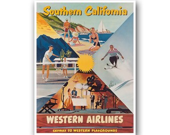 Op de afbeelding: Een vintage reisposter die reclame maakt voor Western Airlines met de tekst "Southern California" en "Skyway to Western Playgrounds". De poster toont een collage van afbeeldingen die verschillende activiteiten in Zuid-Californië uitbeelden, waaronder zwemmen, skiën, tennis en een filmset.