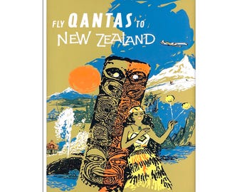 Póster de viaje de Nueva Zelanda con impresión retro de Qantas (XR1127)a