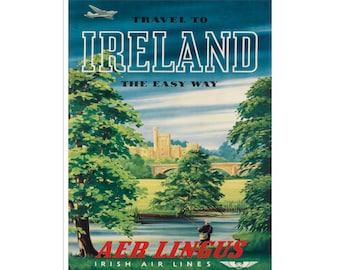 May include: A vintage travel poster advertising travel to Ireland with Aer Lingus Irish Airlines. The poster features a picturesque scene of a castle, a bridge, a river, and a fisherman. The text on the poster reads "Travel to Ireland The Easy Way Aer Lingus Irish Air Lines".