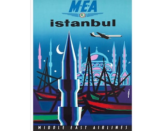 May include: A vintage travel poster for Middle East Airlines featuring a stylized illustration of Istanbul at night. The poster is blue, pink, and black with a white airplane flying over the city. The text on the poster reads "MEA istanbul" and "Middle East Airlines".