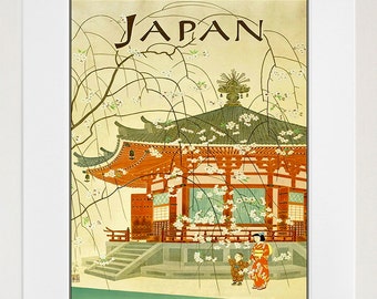 Puede incluir: Un cartel de viaje vintage para Japón que presenta una pagoda japonesa tradicional con un techo verde y detalles rojos. La pagoda está rodeada de cerezos en flor con flores blancas. Dos figuras, una mujer y un niño, se paran frente a la pagoda. El cartel tiene la palabra "JAPÓN" en texto marrón en la parte superior.