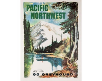 May include: A vintage travel poster advertising a trip to the Pacific Northwest. The poster features a watercolor illustration of a mountain range with a lake in the foreground. The text "PACIFIC NORTHWEST" is in green letters and the text "GO GREYHOUND" is in black letters.